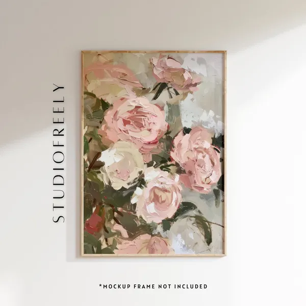 Pink Rose Bouquet Painting, Romantic Vintage Art Print