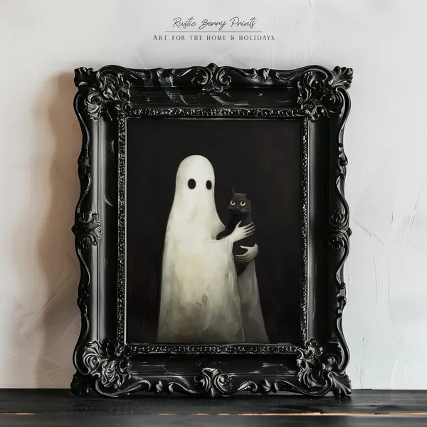 Ghost And Cat Vintage Halloween Art Print