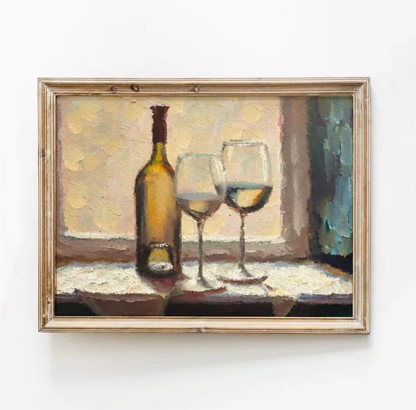 Vintage Wine Still Life Art Print, Moody Bar Decor