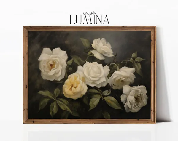 White Roses Oil Painting, Vintage Botanical Art Print