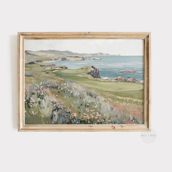 Golf Course Oil Painting, Spring Wildflowers Landscape