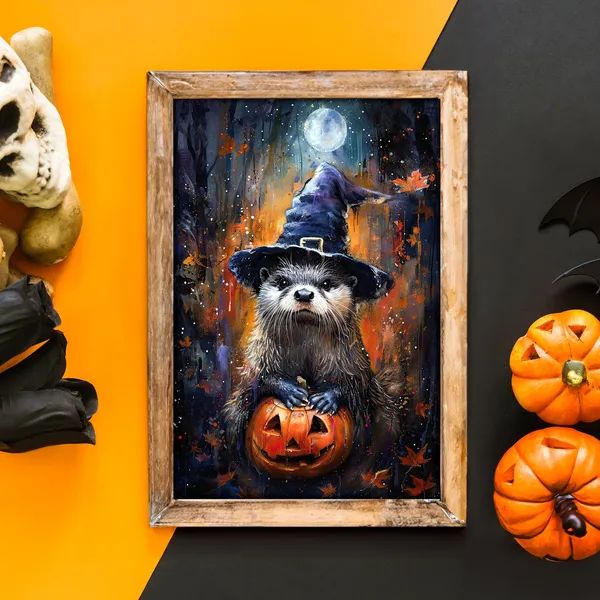 Witch Hat Sea Otter Halloween Poster, Dark Academia