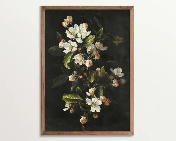 Dark Botanical Blossoms, Black Botanical Art Print