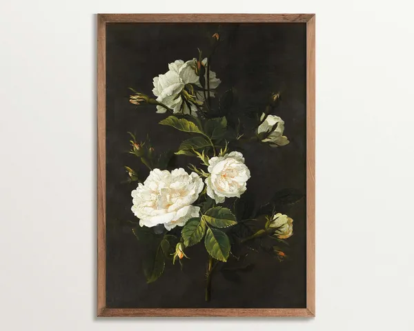 Vintage White Rose Botanical Art Print, Dark Academia