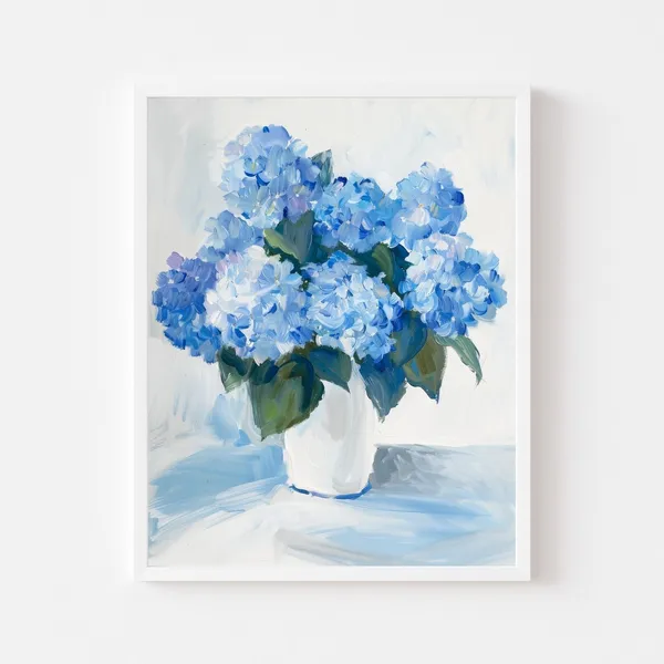 Blue Hydrangea Watercolor Bouquet, Vintage Floral Art Print
