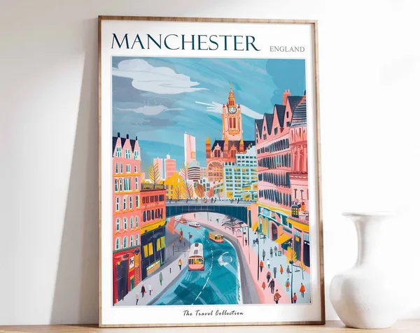 Manchester Travel Poster, Tropical Decor Print