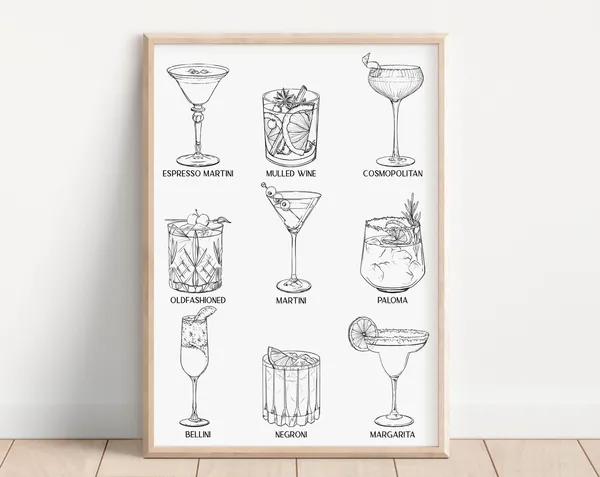 Minimalist Cocktail Line Art, Modern Whiskey Bar Print