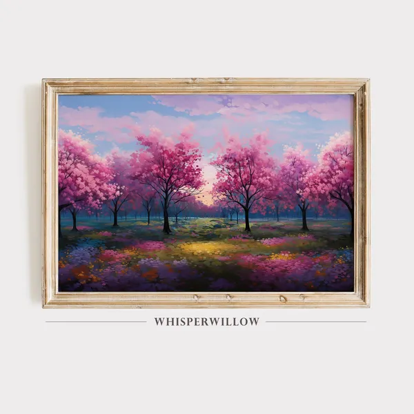 Cherry Blossom Trees Painting, Spring Landscape Art