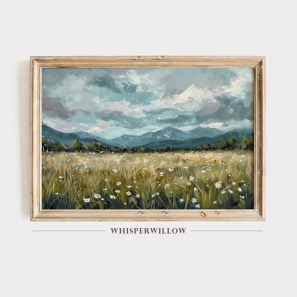 White Wildflowers and Mountains Oil Painting Art Print