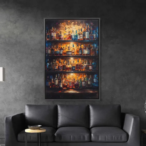 Liquor Bottles Behind Bar, Oil Painting Art Print