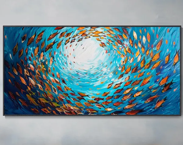 Colorful Fish Blue Ocean Oil Art, Koi Wall Print