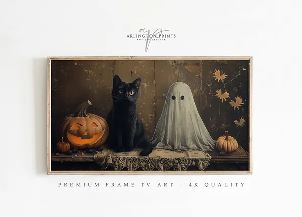 Halloween Black Cat Retro Vintage Art Print