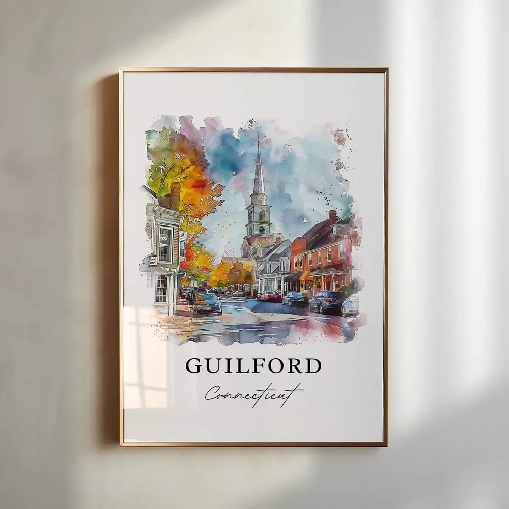 Guilford Ct Watercolor Travel Poster, Connecticut