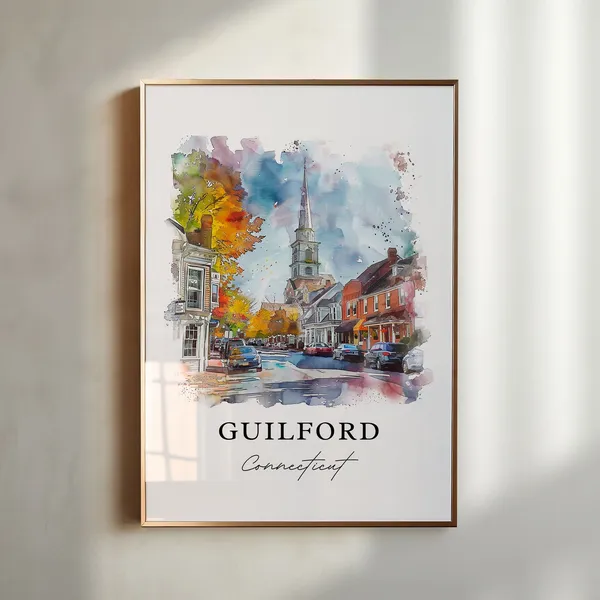 Guilford Ct Watercolor Travel Poster, Connecticut