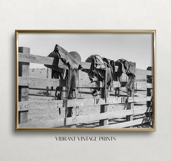 Western Saddles Cowgirl Vintage Black and White Art Print