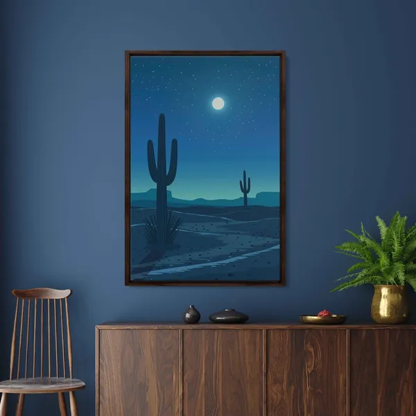 Arizona Desert Night Landscape, Minimalist Cactus Art Print