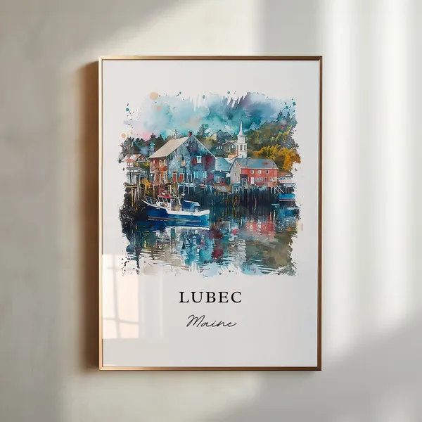 Lubec Maine Watercolor Travel Poster, Washington County