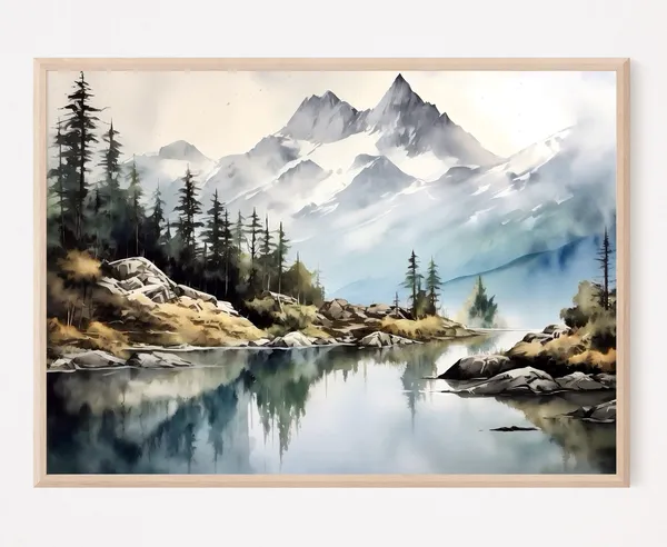 Mountain Lake Watercolor Minimalist Art Print
