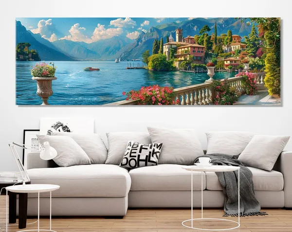 Lake Como Coast Oil Painting Print, Italy Panorama