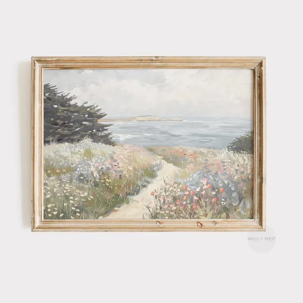 Wildflower Print, Vintage Coastal Ocean Landscape