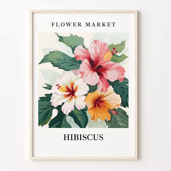 Hibiscus Flower Market Art Print, Botanical Pastel Artwork