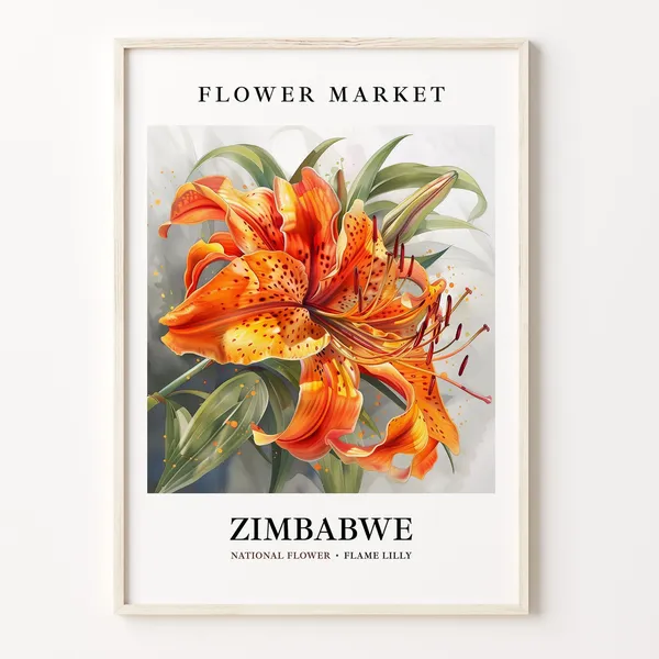 Zimbabwe National Flower Art Print, Flame Lily Botanical