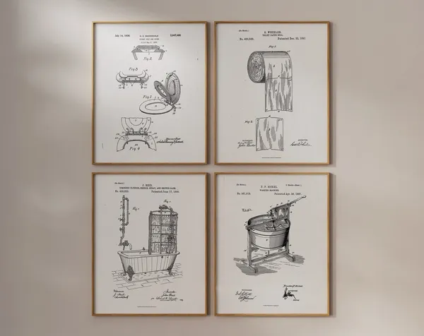 Bathroom Patent Vintage Bathroom Art, Print Set