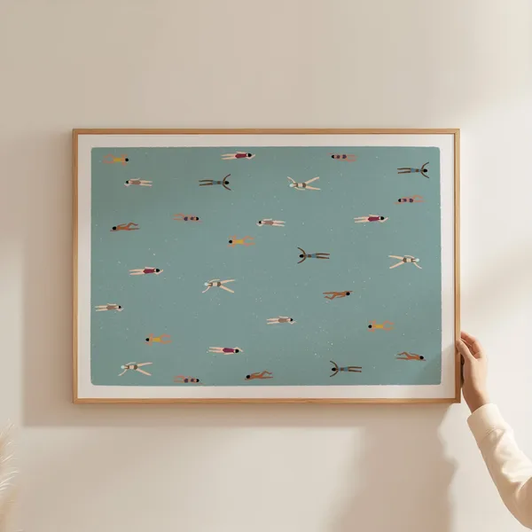 Tiny Women Swimming In Pool, Minimalist Pool Art