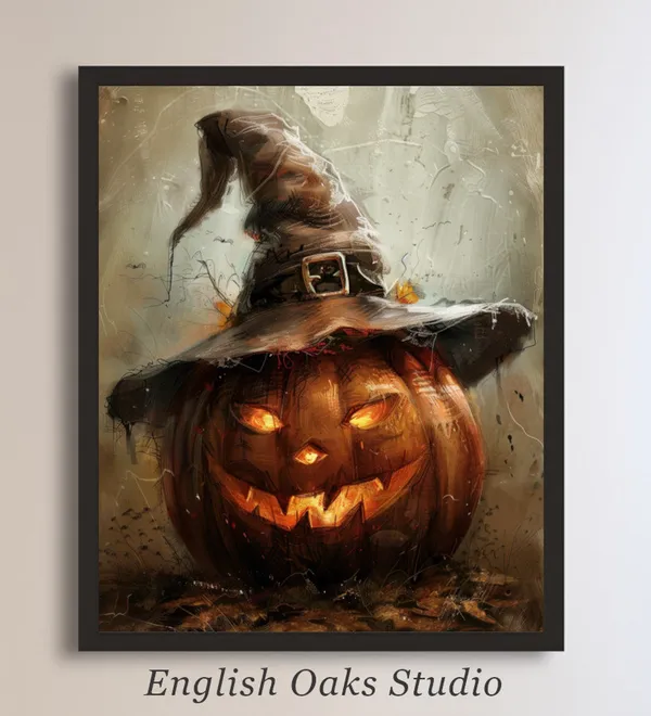 Vintage Scary Pumpkin Witch Hat Halloween Art Print
