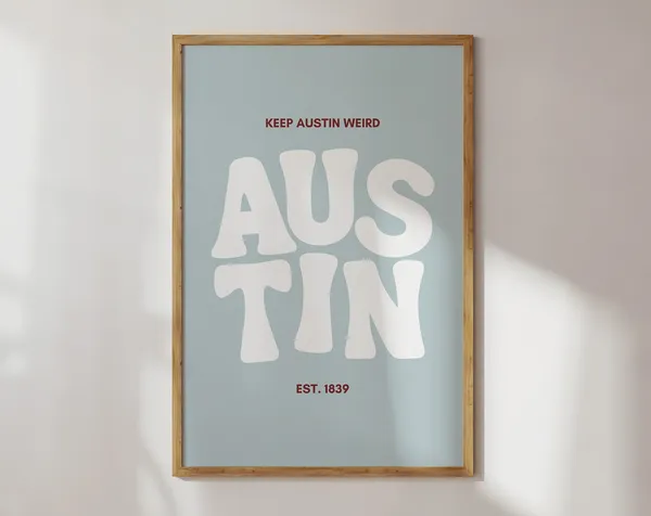 Austin Texas Typography Art Print, Blue Poster