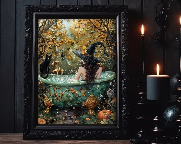 Witch In Garden Bathtub Halloween Art Print