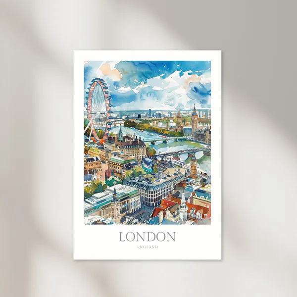 London England Watercolor Travel Poster, City View