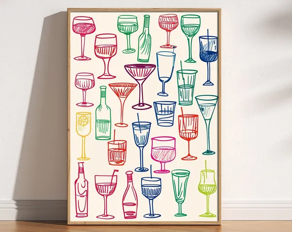 Retro Wine Glasses Art Print, Maximalist Decor