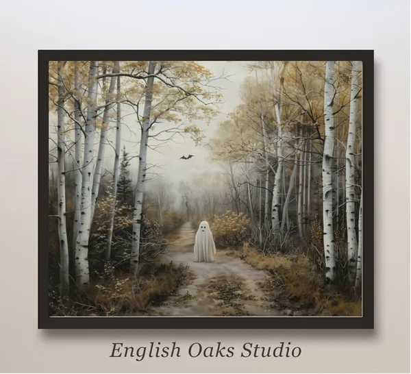 Cute Ghost Birch Forest Halloween Art Print