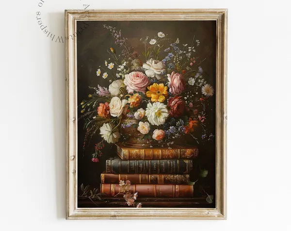 Floral Leather Bound Books Art Print, Dark Academia