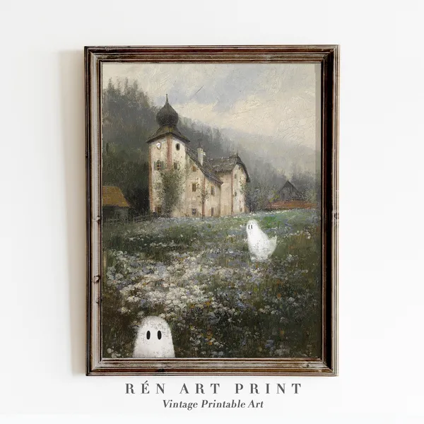 Vintage Cute Ghost Autumn Halloween Farmhouse Art Print