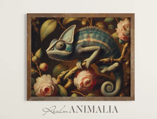 Vintage Chameleon Lizard Art Print, Cottagecore Botanical