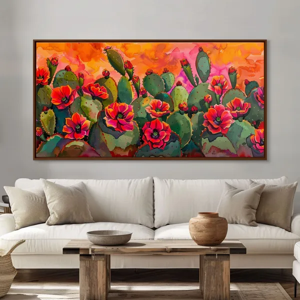 Desert Landscape With Blooming Cacti, Sunset Art Print