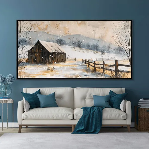 Snowy Barn In Winter Field, Rustic Farmhouse Art Print
