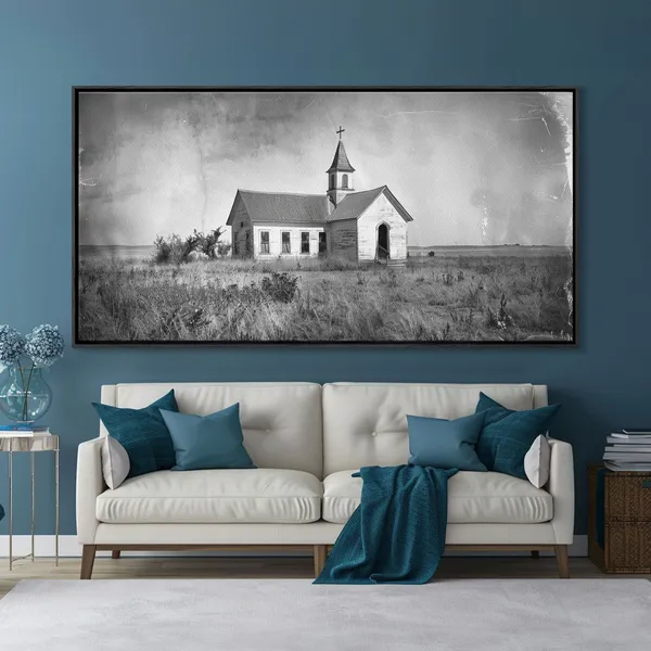 Vintage Country Church in Open Field, Rustic Wall Art Print