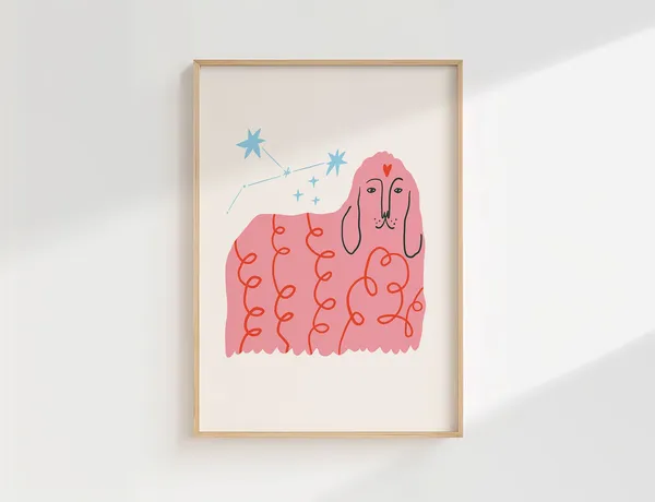 Pink Dog Print, Boho Nursery Art Poster