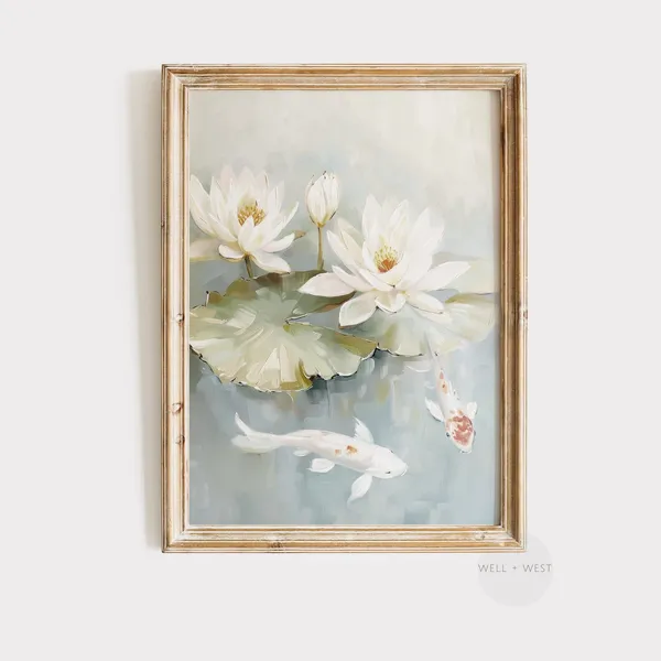 Koi Fish Print, Vintage Pastel Blue Botanical Art