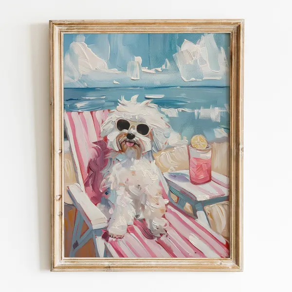 White Dog With Sunglasses Cocktail Beach Art Print