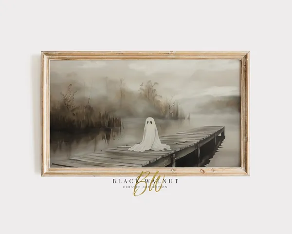 Halloween Ghost on Dock Lake, Rustic Fall Art Print