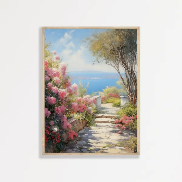 Coastal Garden Retro Italy Travel Poster, Floral Landscape