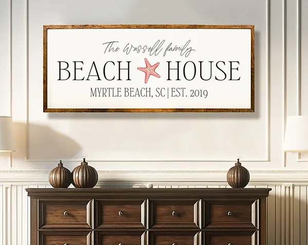 Personalized Beach House Sign, Coastal Wall Art Print