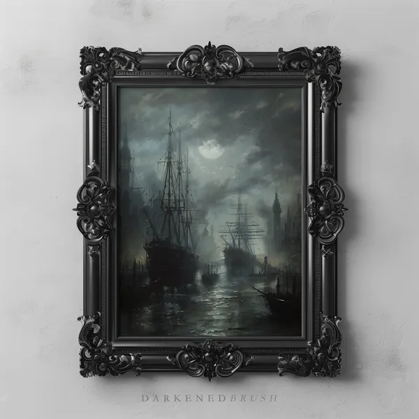 Moonlight Vintage Ships Dark Harbor Nautical Art Print