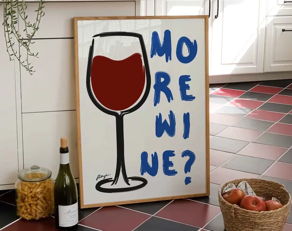 More Wine Hand Drawn Bar Cart Kitchen Art Print
