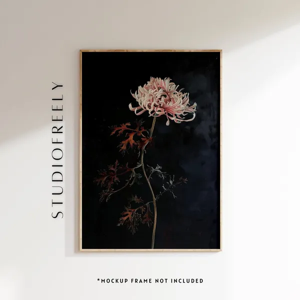 Moody Chrysanthemum Oil Painting, Pink Floral Art Print