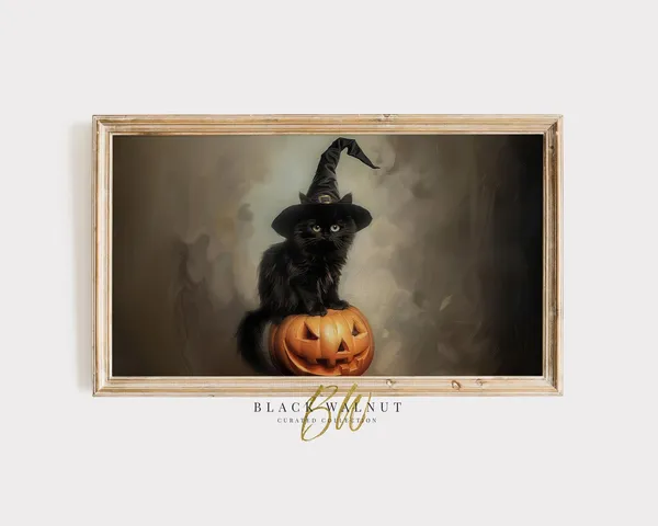 Halloween Black Cat With Witch's Hat Art Print